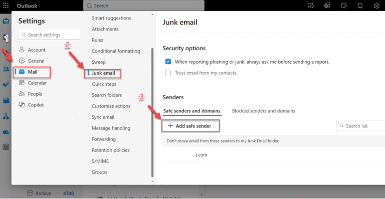 Cách thêm địa chỉ mail ở Blacklist sang Whitelist trên Outlook web (Junk email)