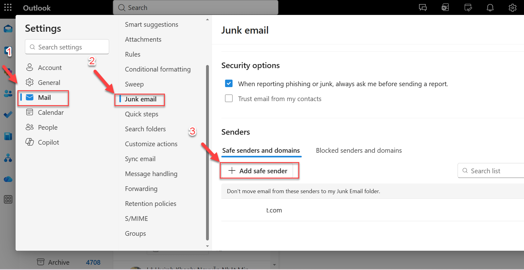 Cách thêm địa chỉ mail ở Blacklist sang Whitelist trên Outlook web (Junk email)