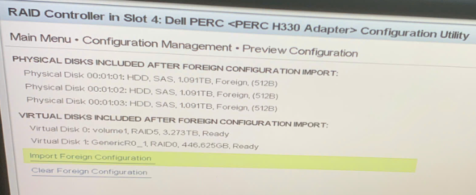 Import foreign configuration với các ổ cứng đang ở trạng thái Foreign trên server Dell T440